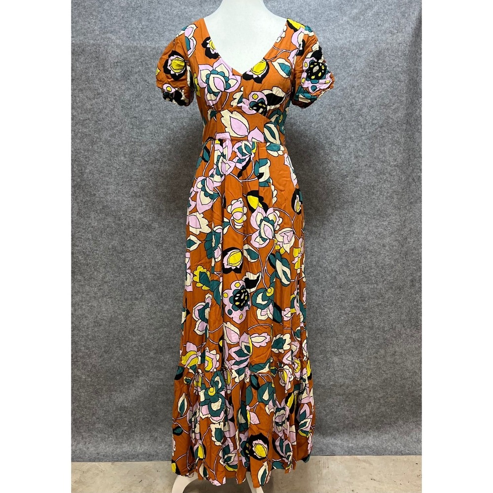 ModCloth Floral Maxi Dress Rust Orange‎ Pink V-Neck Puff Sleeve Summer Small